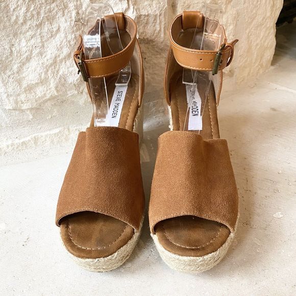 Steve Madden Jaylen Suede Leather Peep Toe Tan‎ Wedge Sandals Size 9.5 - Picture 3 of 7